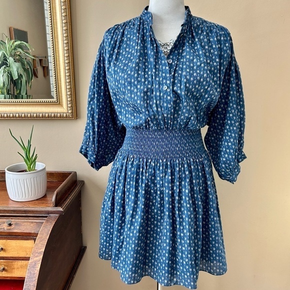 Rebecca Taylor Long Sleeve Ikat Shirtdress Indigo Blue Puff Sleeve Smocked Sz S - Picture 4 of 16